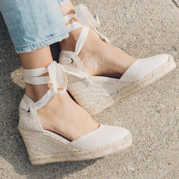 SOLUDOS Cream Linen Wedge Lace Up Espadrille - Picture 4 of 12